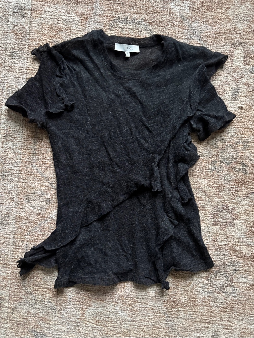 IRO Black Short Sleeve Ruffle Detail Top